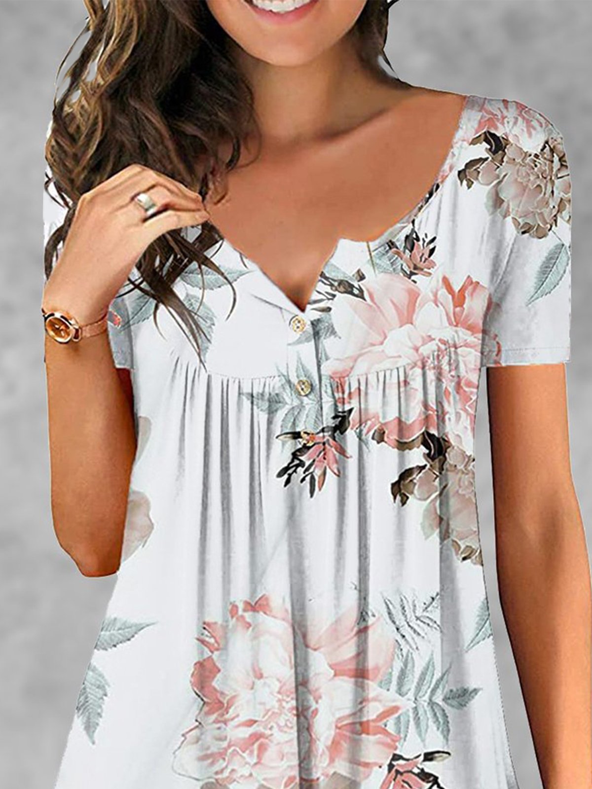 V Neck Buttoned Casual Regular Fit T-shirt