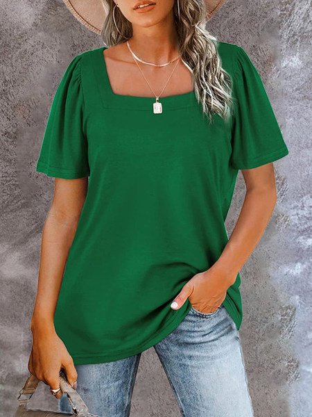 Jersey Square Neck Solid Loosen T-shirt