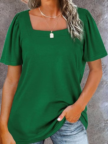Jersey Square Neck Solid Loosen T-shirt