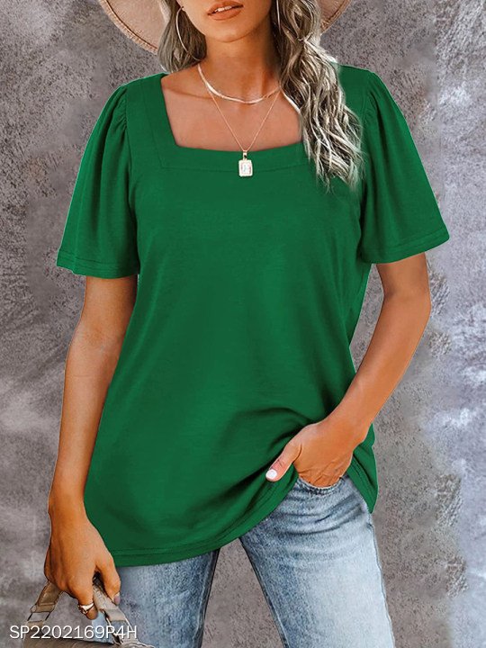 Jersey Square Neck Solid Loosen T-shirt