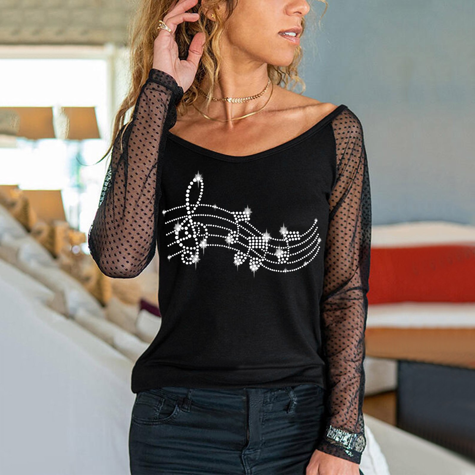 Regular Fit Geometric V Neck Cotton Long Sleeve Top