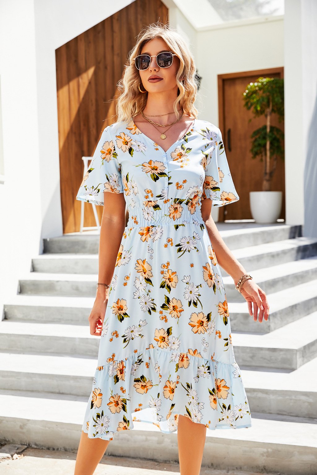 V Neck Vacation Cotton Floral Dress