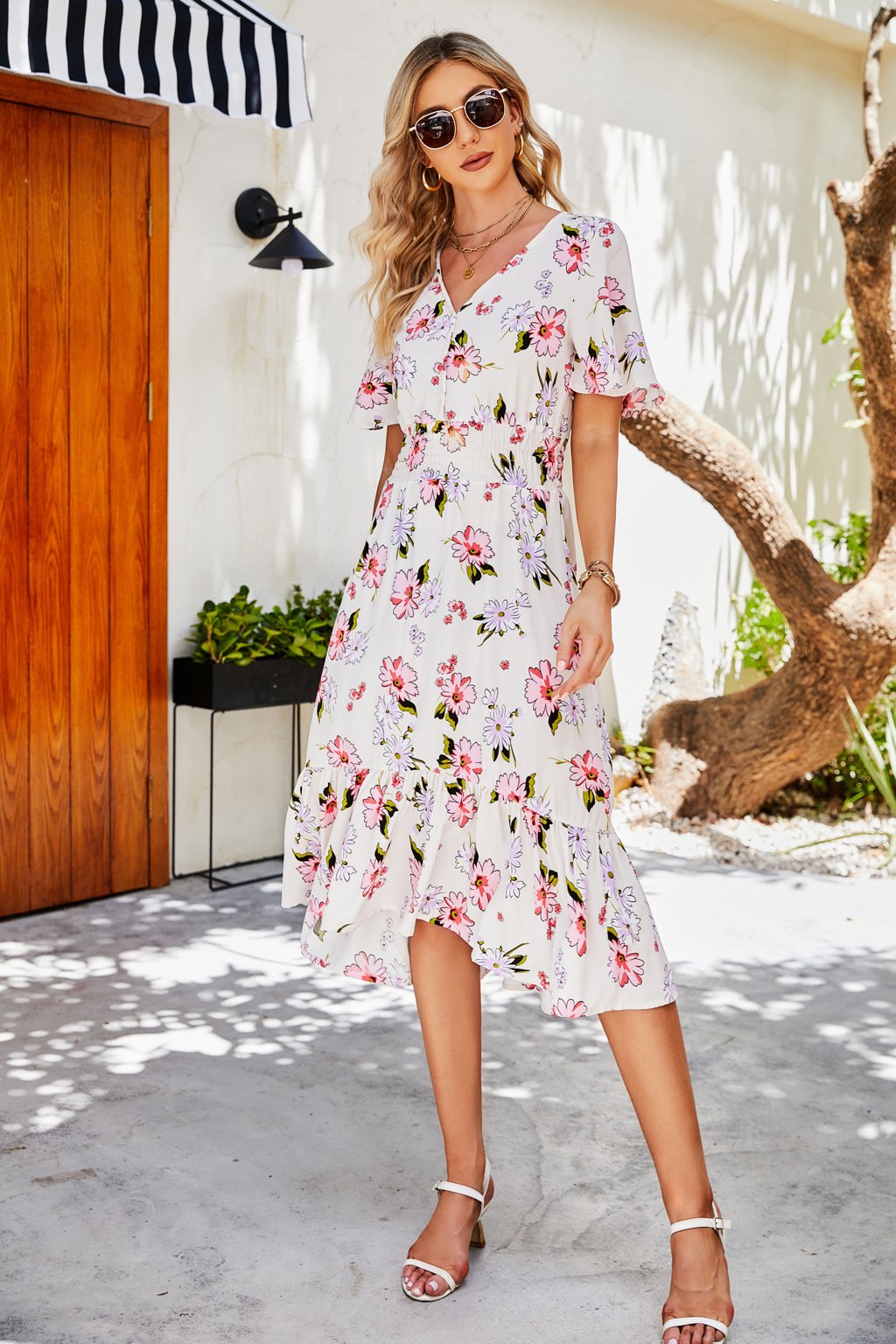 V Neck Vacation Cotton Floral Dress