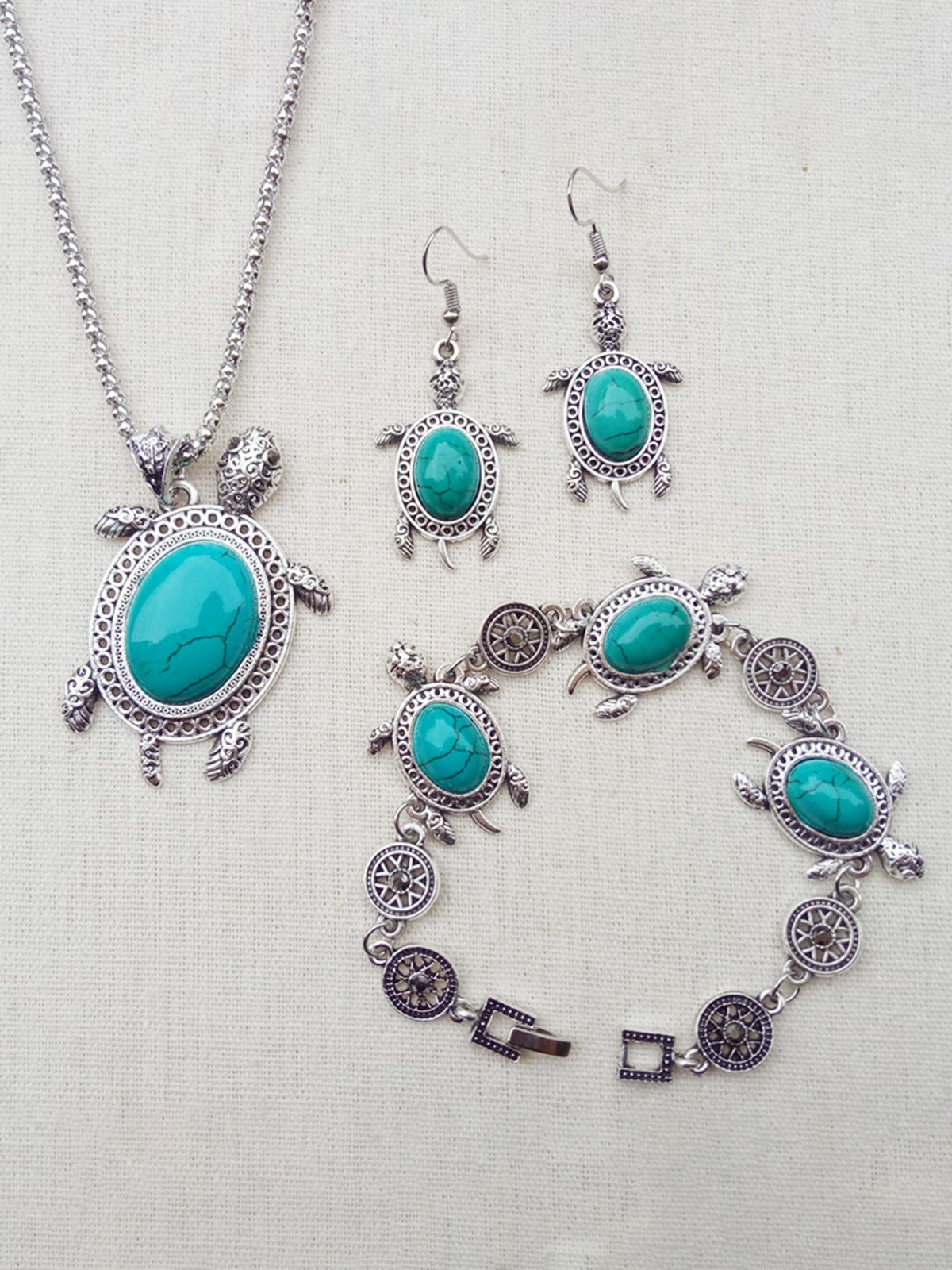 Vintage Alloy Turquoise Turtle Necklace And Earrings Set