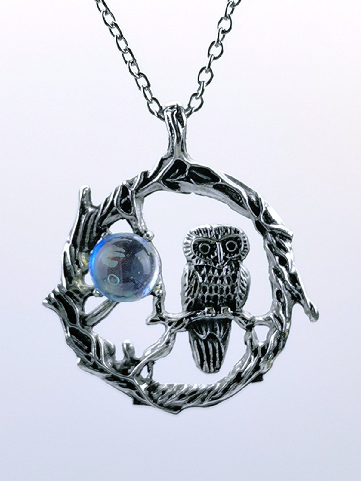 Vintage Alloy Moonstone Owl Necklace