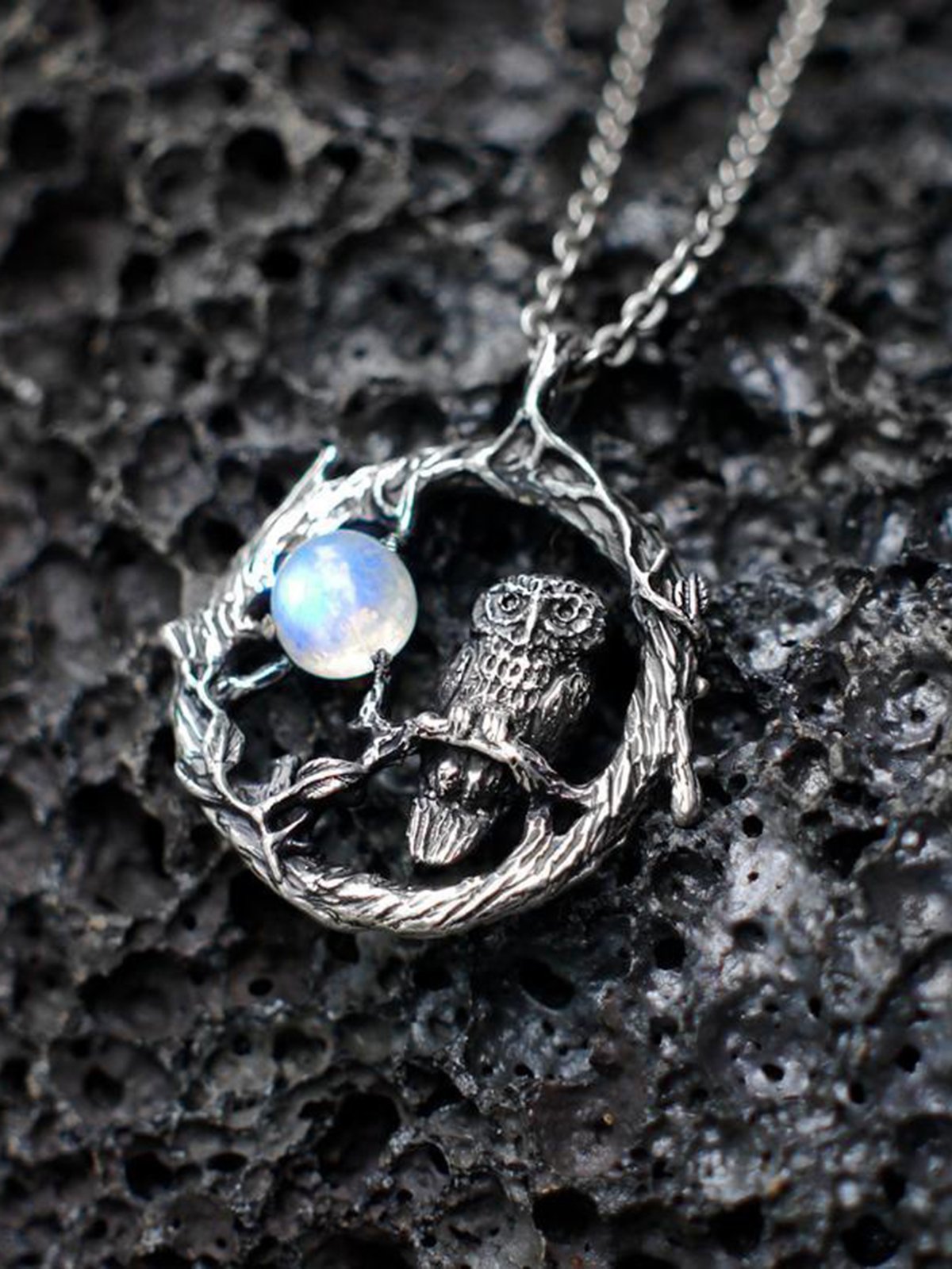 Vintage Alloy Moonstone Owl Necklace