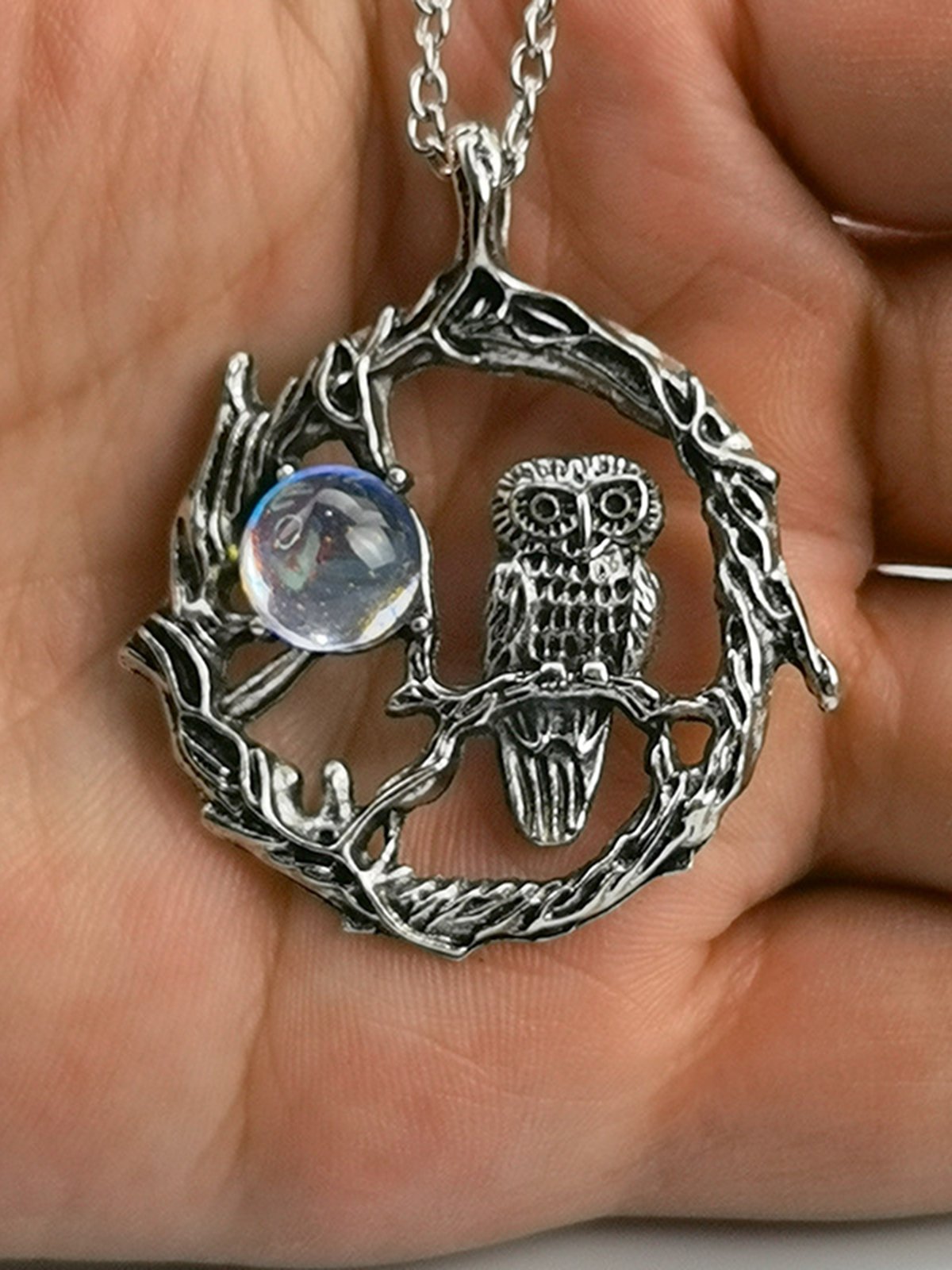 Vintage Alloy Moonstone Owl Necklace