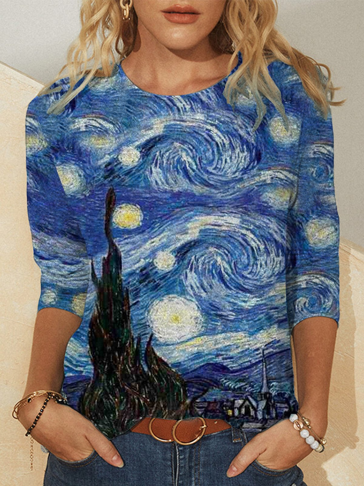 Loosen Abstract Cotton Blends Round Neck Long Sleeve Top