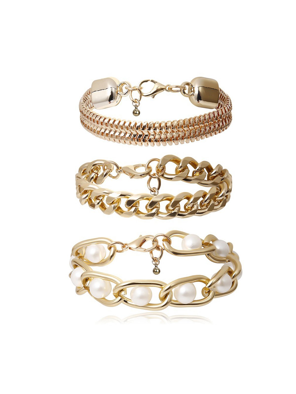 3Pc Vintage Metal Chain With Pearl Bracelet Dress Jewel