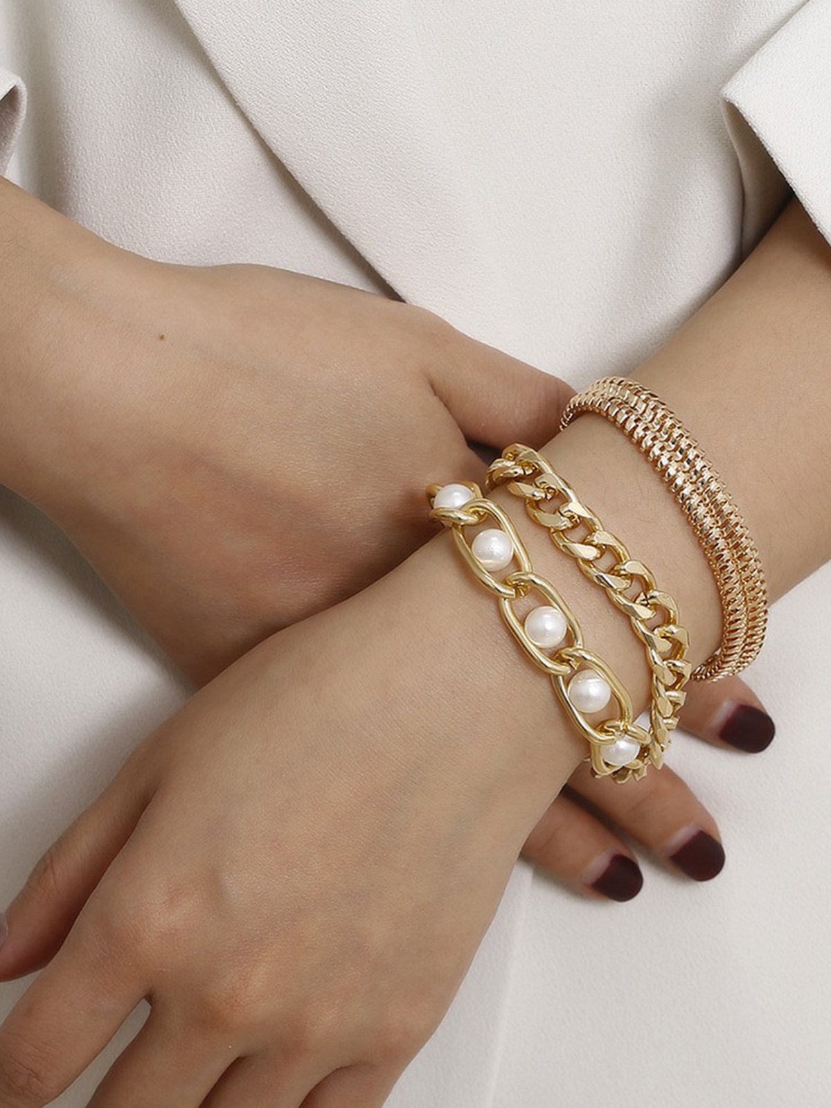 3Pc Vintage Metal Chain With Pearl Bracelet Dress Jewel