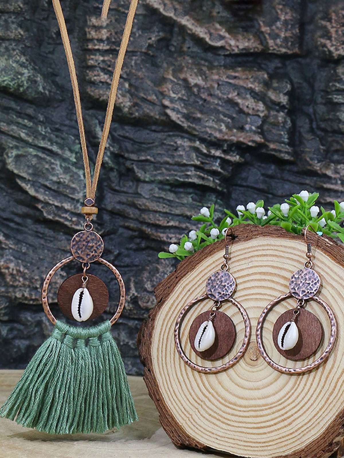 3Pc Retro Style Holiday Leisure Geometric Hollow Tassel Earrings Necklace Set