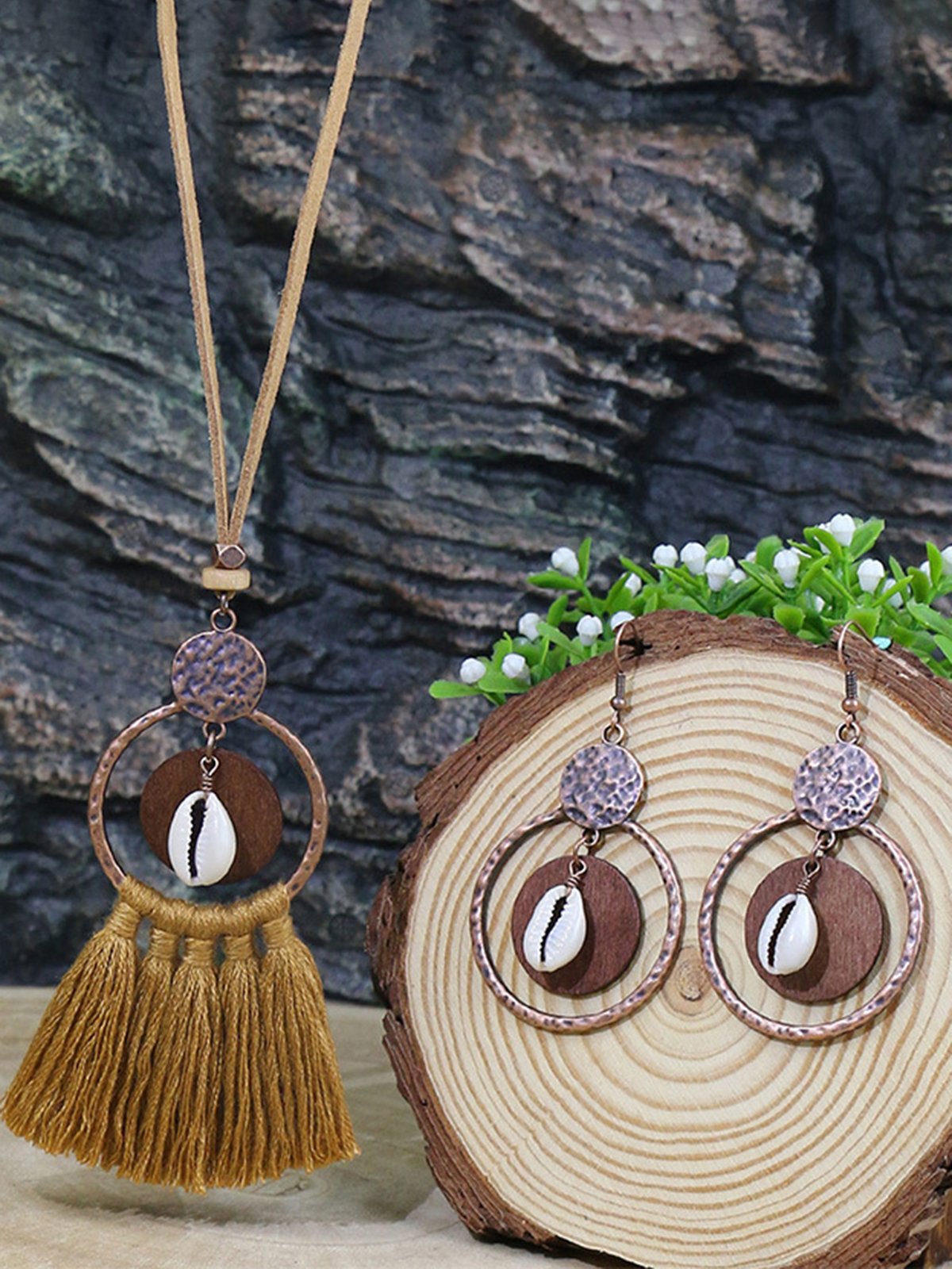 3Pc Retro Style Holiday Leisure Geometric Hollow Tassel Earrings Necklace Set