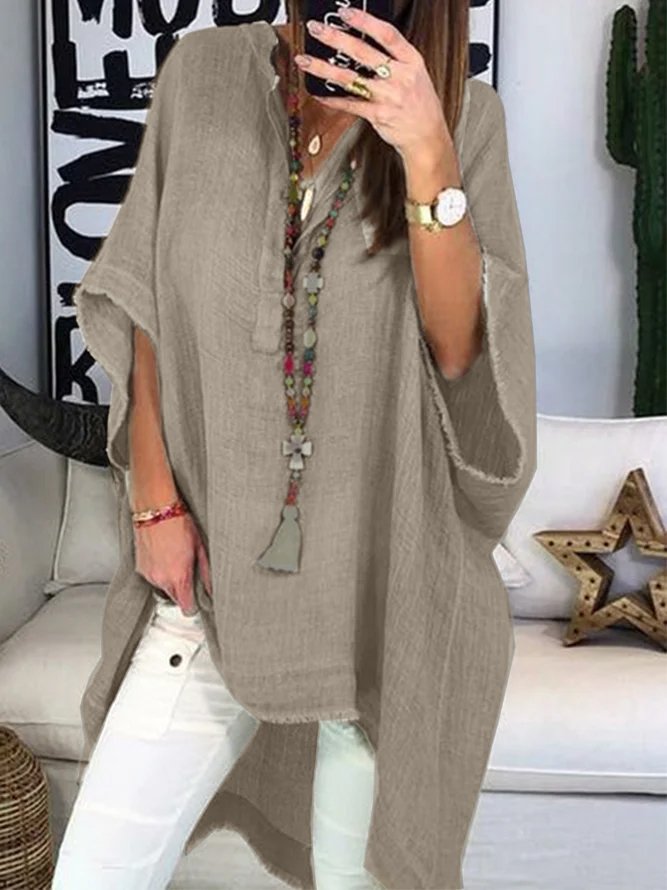 Boho Plain V Neck Cotton Shirt & Blouses