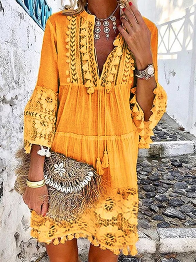 Plain Notched Regular Fit Boho Dress