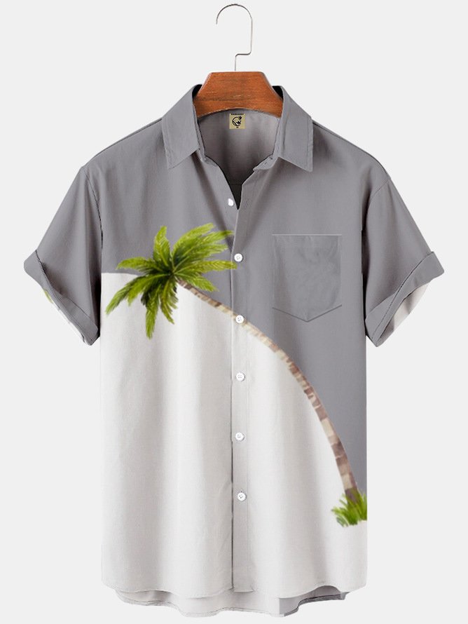 Short Sleeve Shirt Collar Coconut Tree Shirt ＆ Blouse