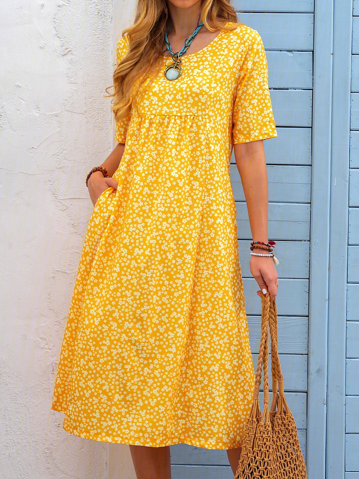 Loosen Printed Polyester Fibre Vacation Floral Dress