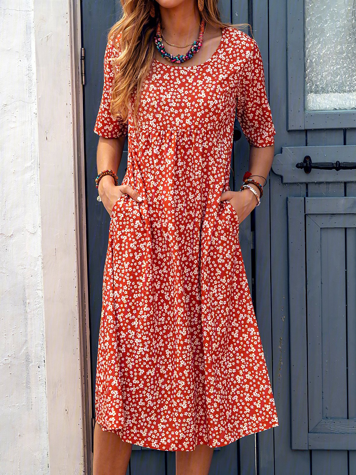 Loosen Printed Polyester Fibre Vacation Floral Dress