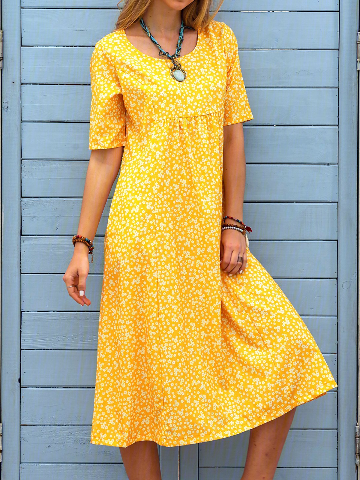 Loosen Printed Polyester Fibre Vacation Floral Dress