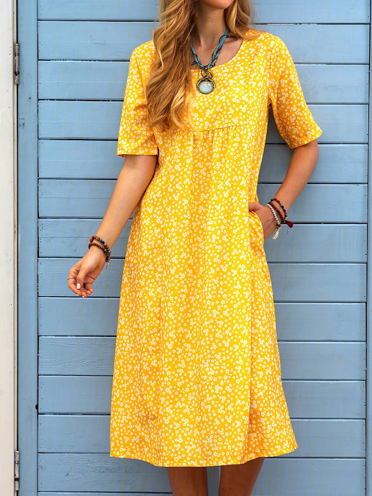 Loosen Printed Polyester Fibre Vacation Floral Dress