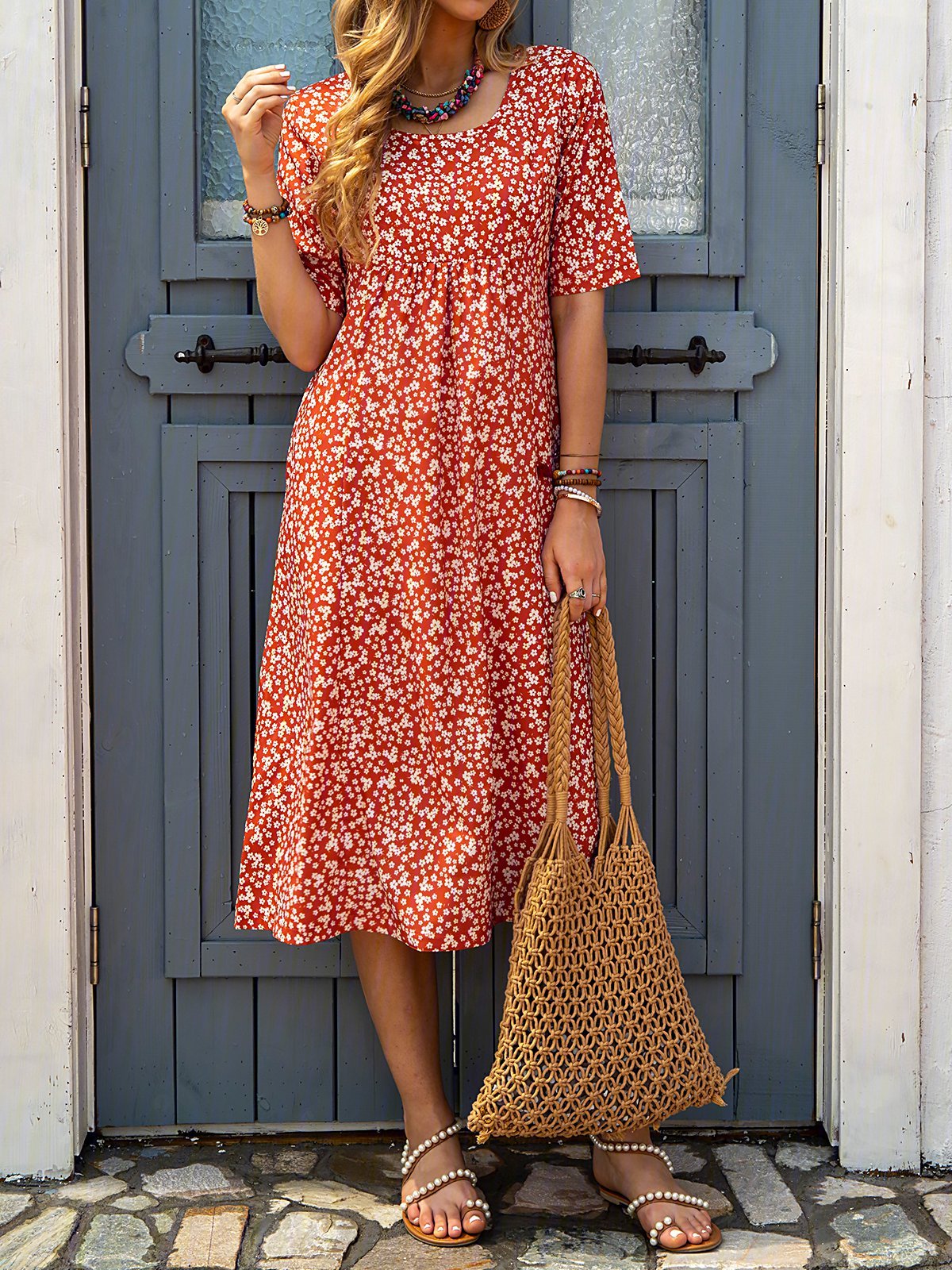 Loosen Printed Polyester Fibre Vacation Floral Dress