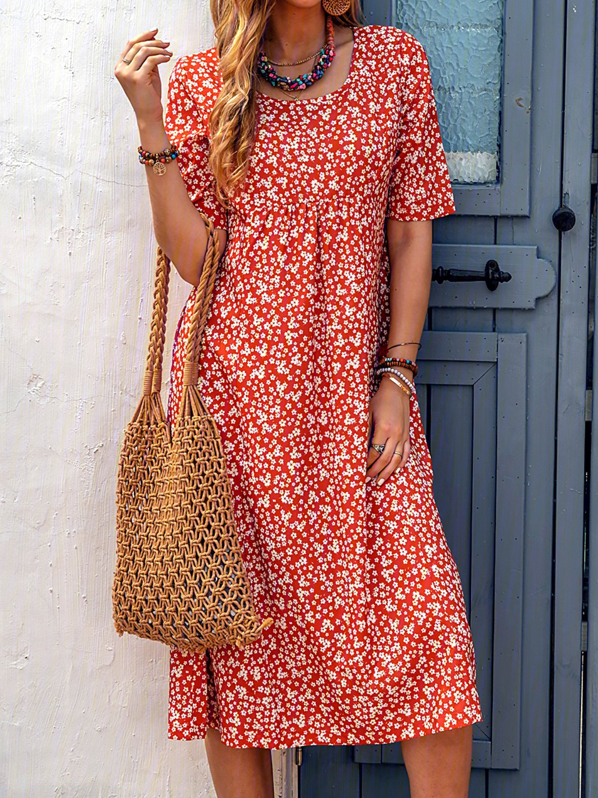 Loosen Printed Polyester Fibre Vacation Floral Dress
