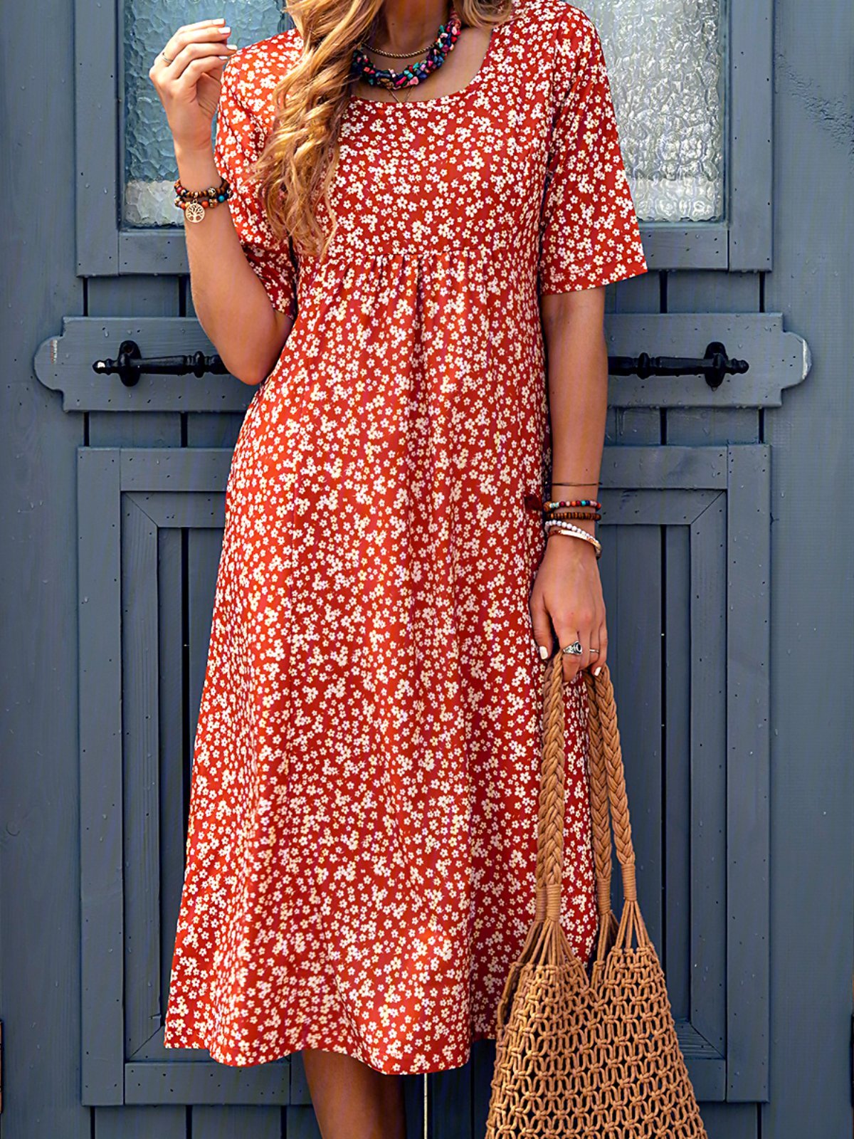 Loosen Printed Polyester Fibre Vacation Floral Dress