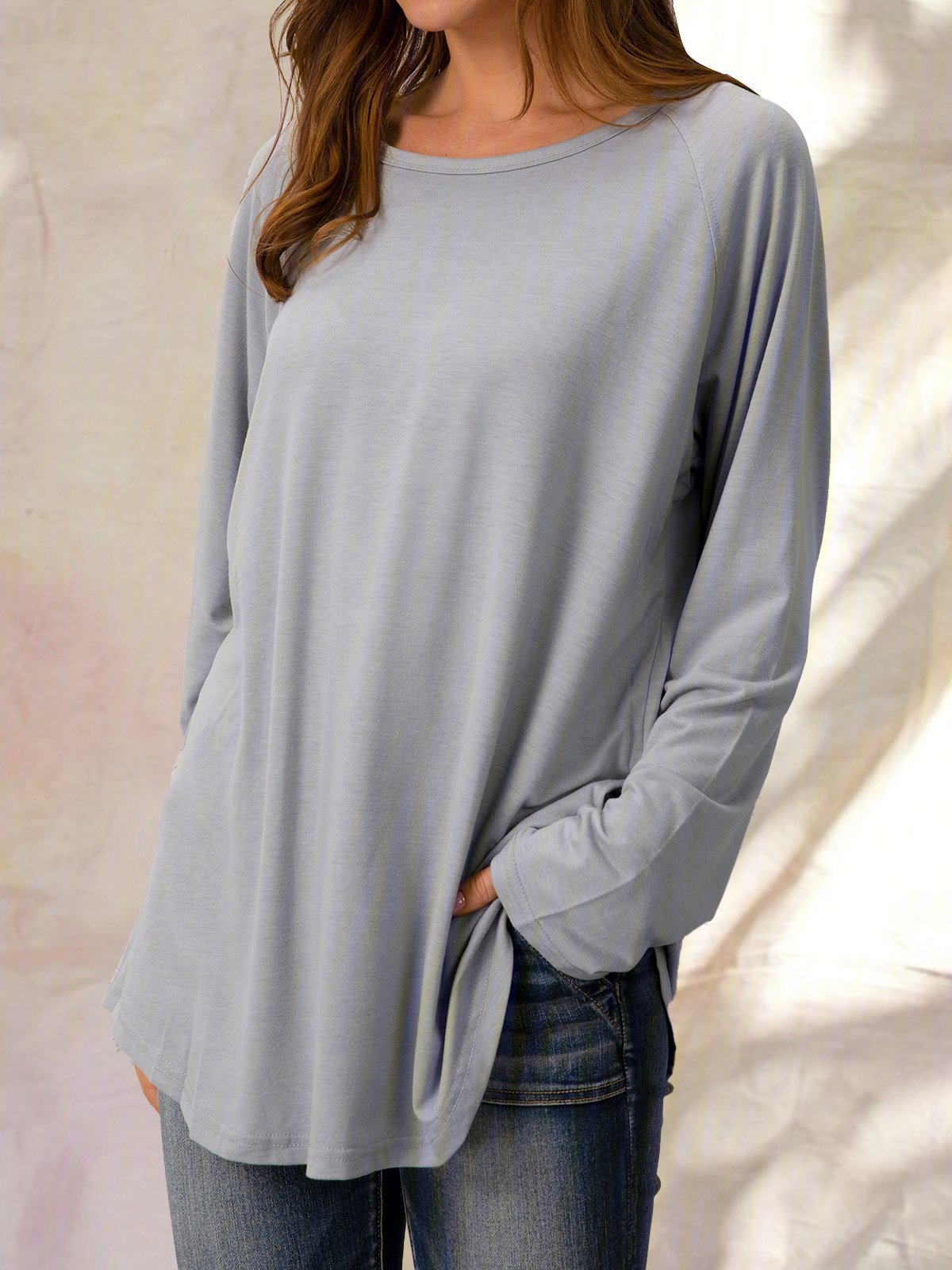 Solid Loosen Jersey Round Neck Raglan Sleeve T-shirt