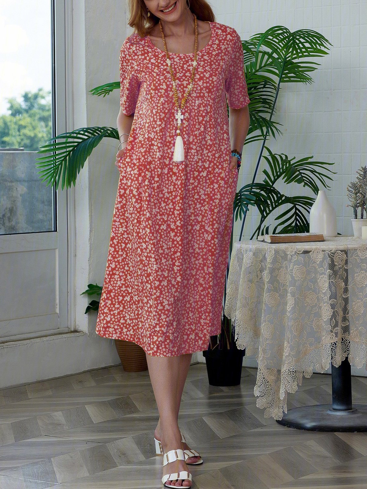 Crew Neck Printed Loosen Polyester Fibre Floral Dress