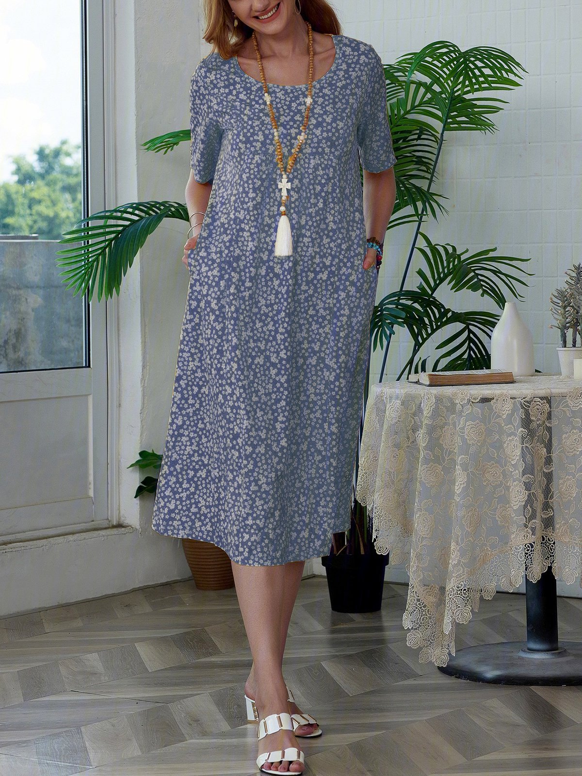 Crew Neck Printed Loosen Polyester Fibre Floral Dress
