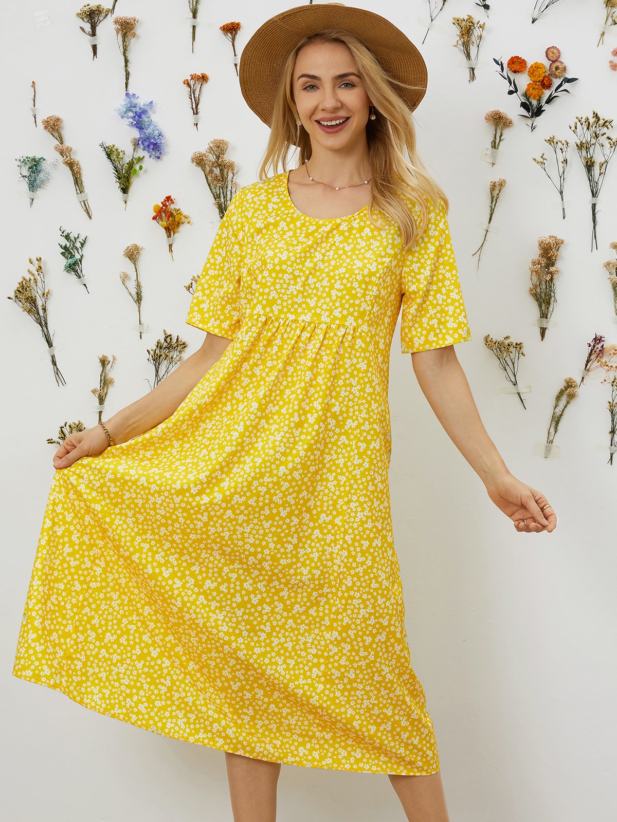 Loosen Printed Polyester Fibre Vacation Floral Dress