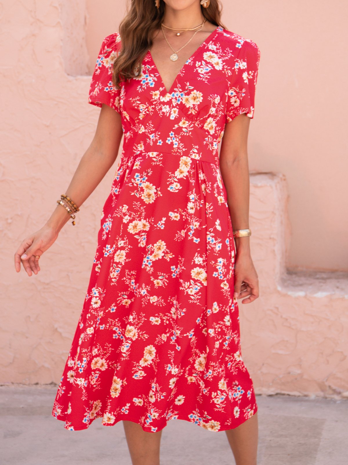 V Neck Casual Cotton Blends Loosen Floral Dress