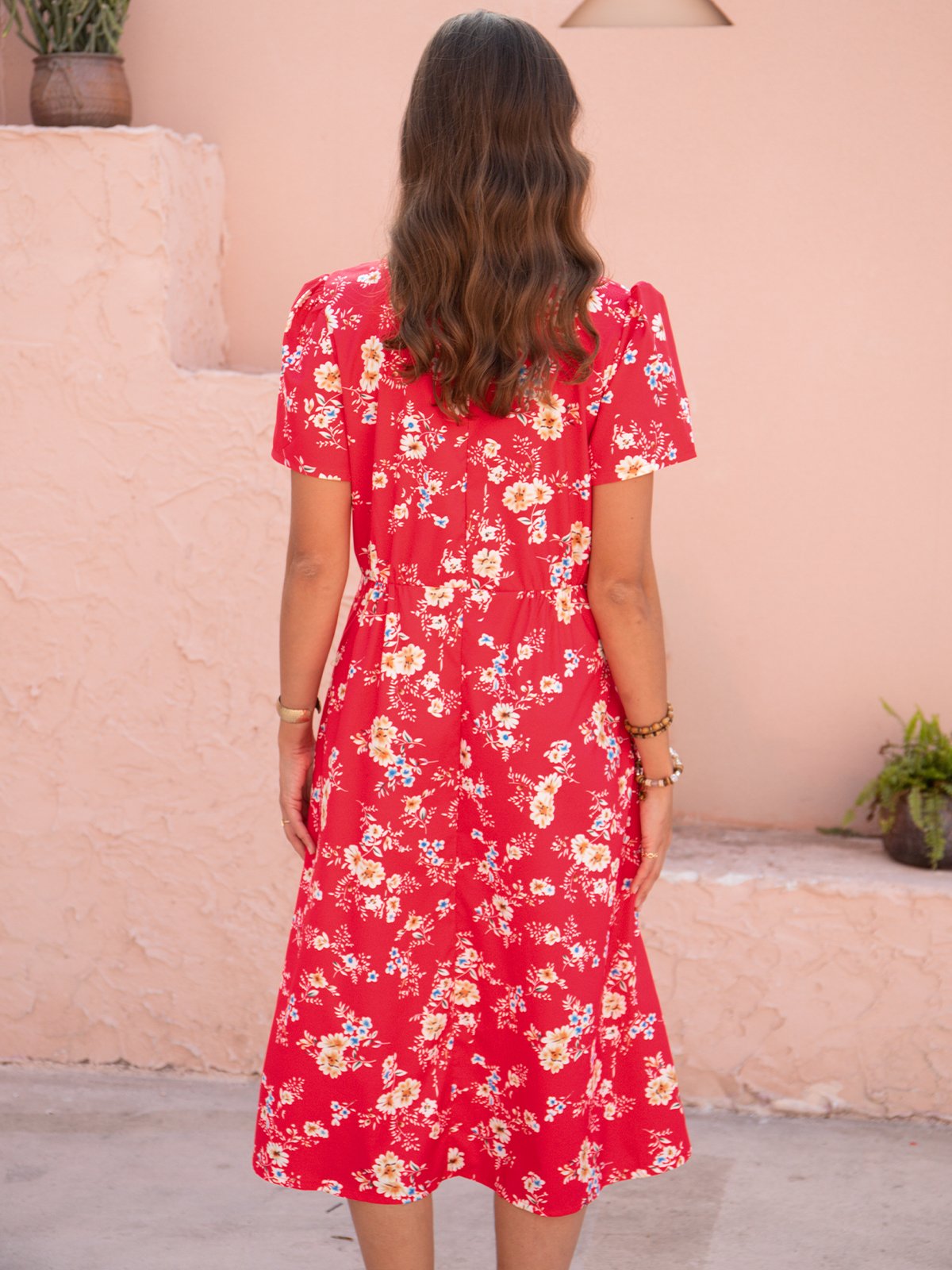 V Neck Casual Cotton Blends Loosen Floral Dress