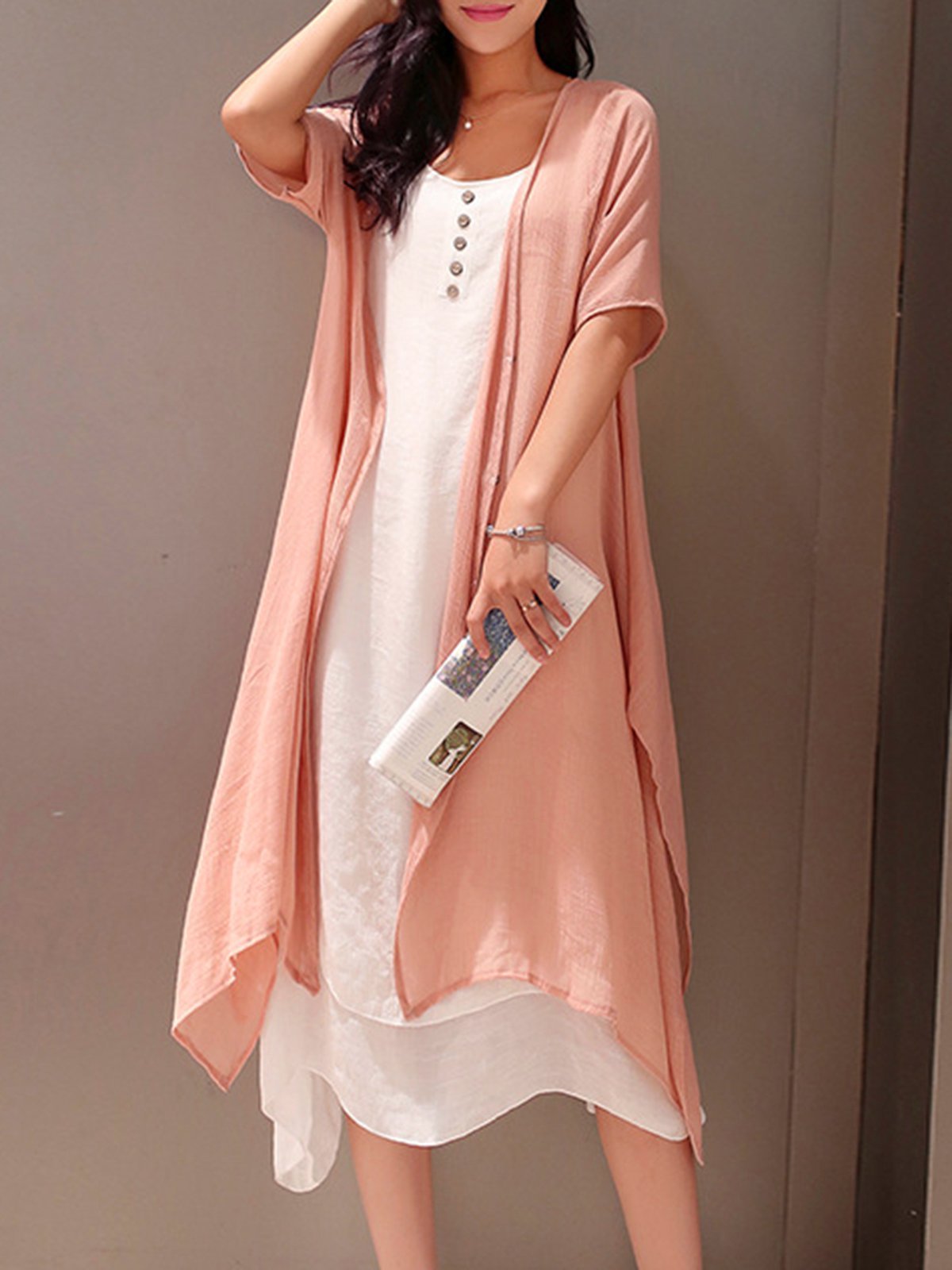 Casual Solid Buttoned Round Neck Half Sleeve Casual Dress