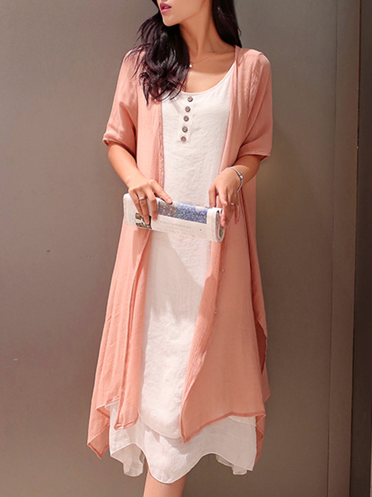 Casual Solid Buttoned Round Neck Half Sleeve Casual Dress