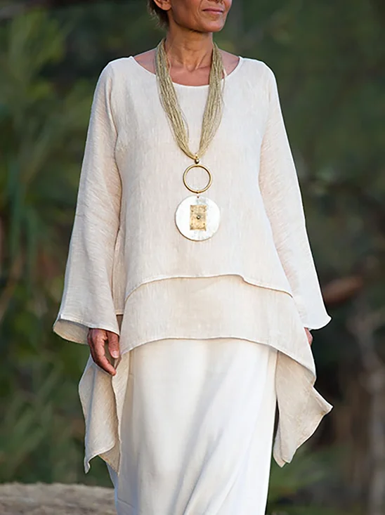 Solid Round Neck Linen Loosen Shirt & Blouses