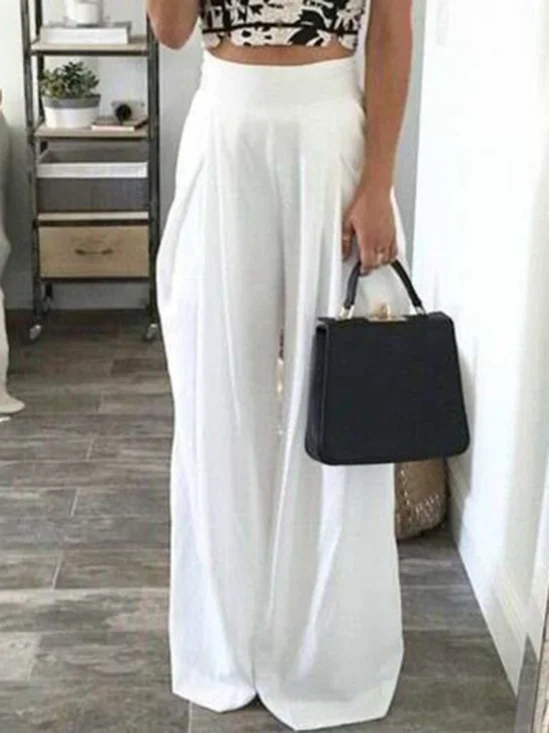 Casual Cotton Blends Solid Pants