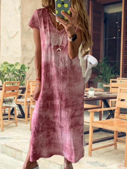 Slit Cotton Casual Round Neck Loosen Fall Dress