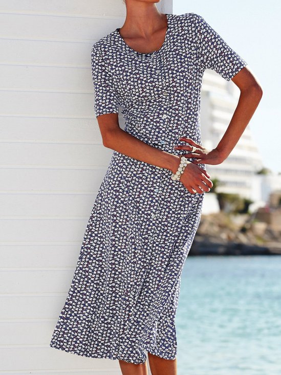 Round Neck Vintage Cotton Blends Printed Floral Dress