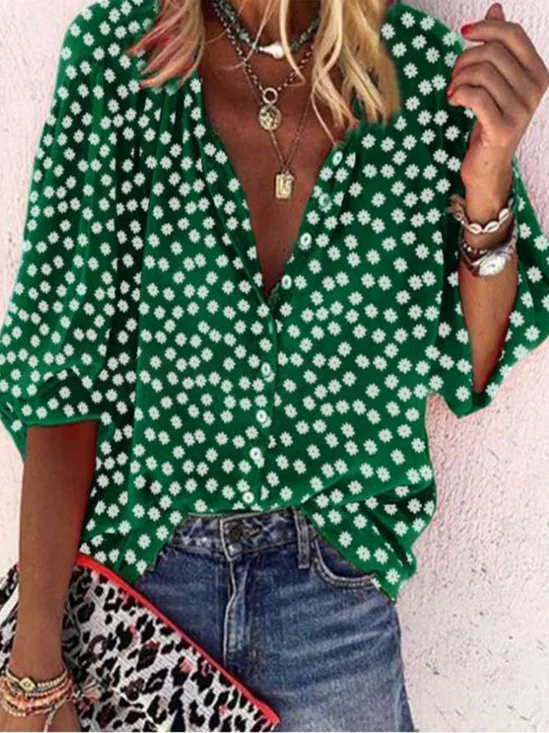 Cotton Blends Geometric Casual V Neck Half Sleeve Shirt & Blouses
