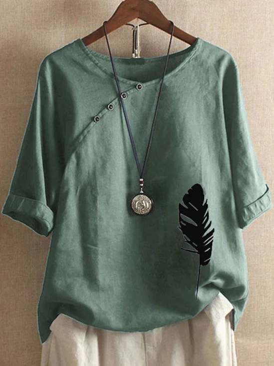 Half Sleeve Loosen Printed Cotton Round Neck T-shirt