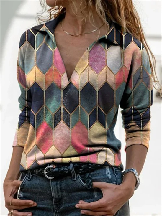 Geometric Asymmetric Loosen Shawl Collar Cotton Blends Long Sleeve Top