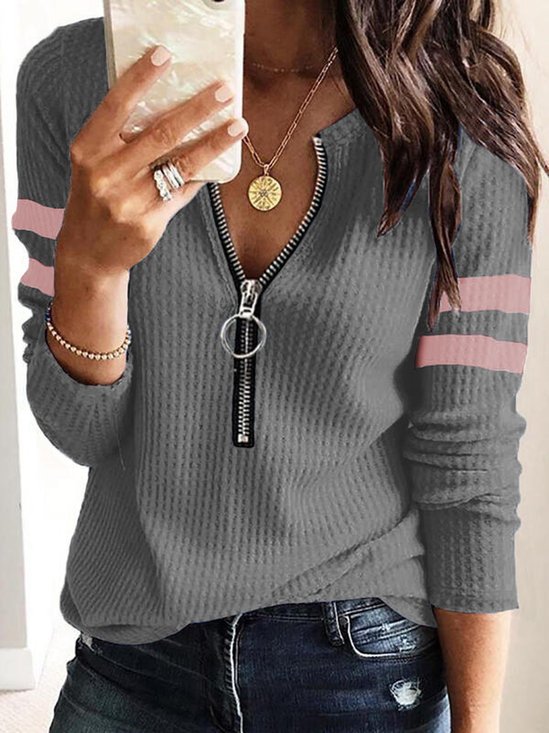 Cotton Blends Solid V Neck Loosen Shirt & Blouses