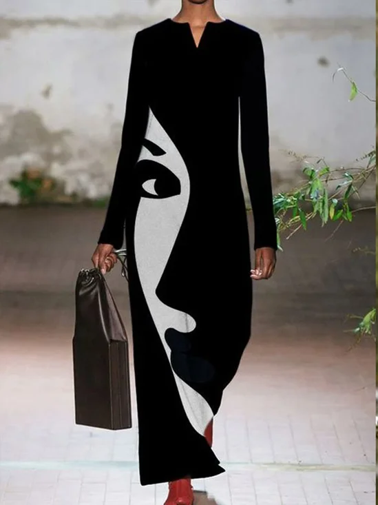 Regular Fit Printed V Neck Cotton Blends Fall Dress