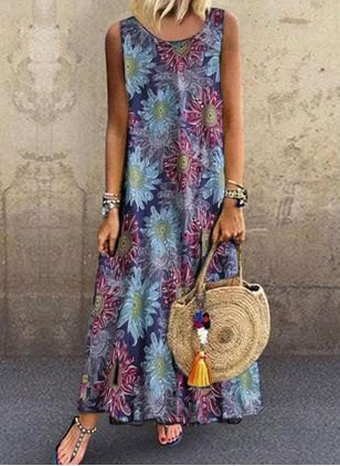 Graphic Round Neck Loosen Boho Dress