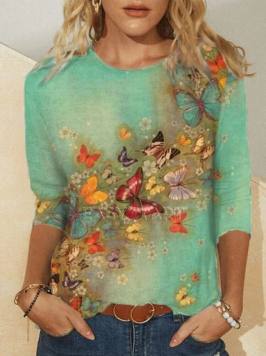 Round Neck Loosen Casual Half Sleeve T-shirt