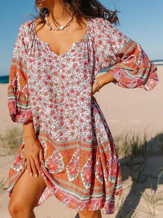 Loosen Printed V Neck Boho Dress