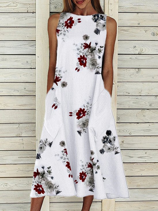 Casual Printed Crew Neck Cotton Blends Floral Dress