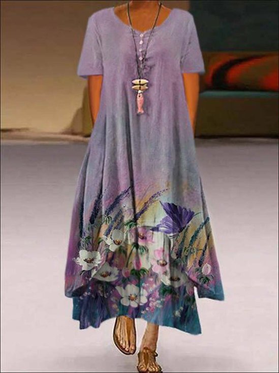 V Neck Cotton Blends Loosen Floral Dress