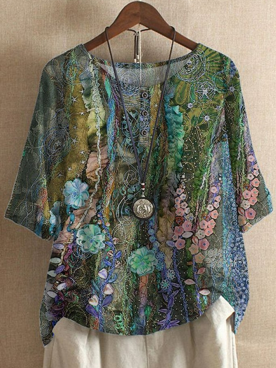 Half Sleeve Floral Casual Cotton Blends T-shirt