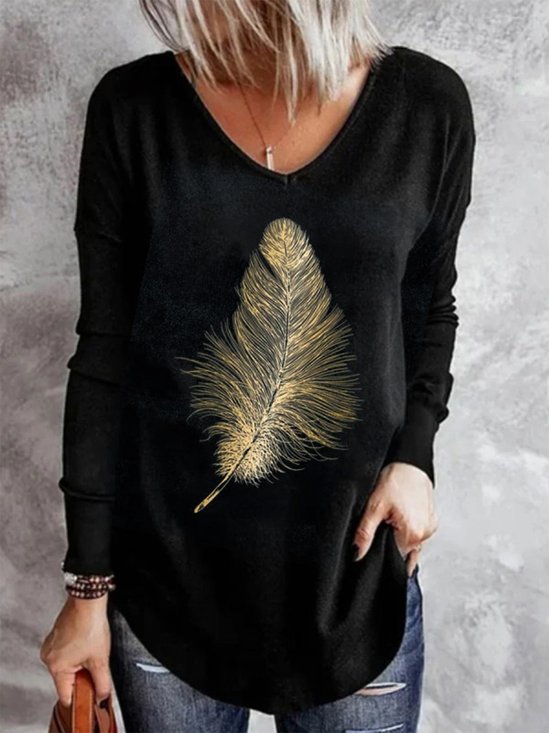 Animal Jersey V Neck Loosen Long Sleeve Top